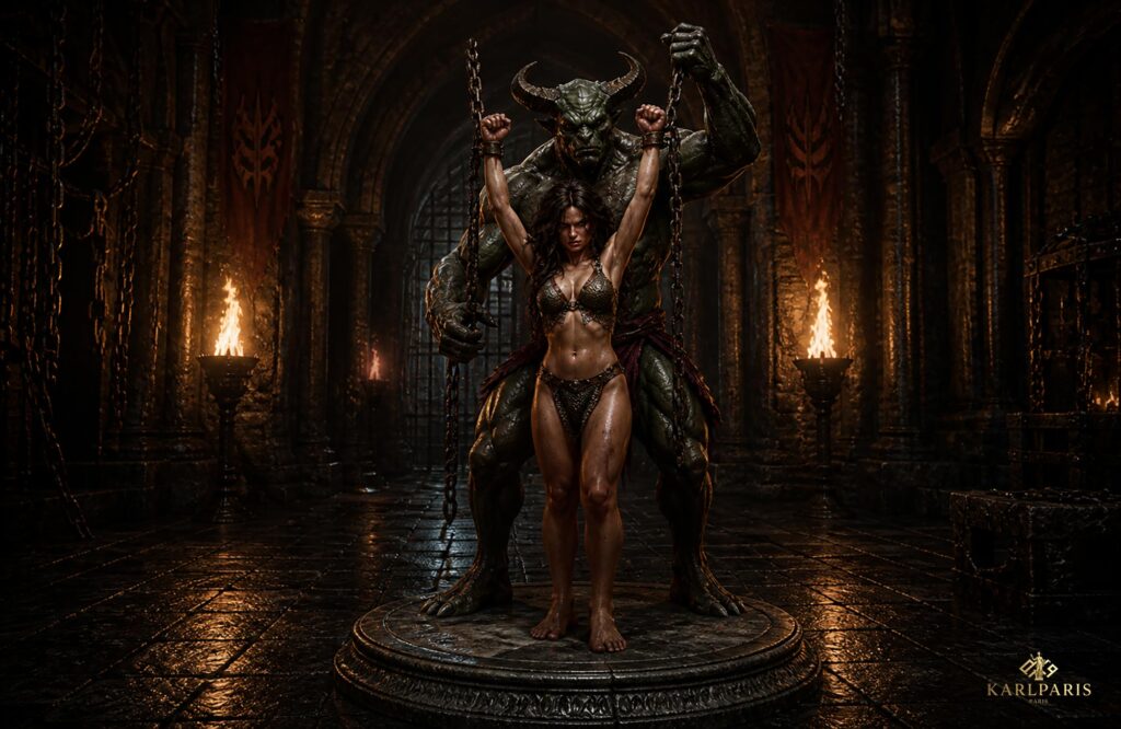 Demon Captive Scene Dark Fantasy Beast Warrior Woman Sculpture Second Life